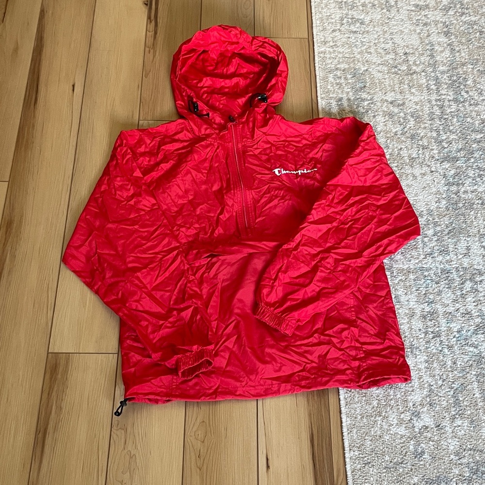 Champion Red Hooded Half-Zip Windbreaker Raincoat, Packable